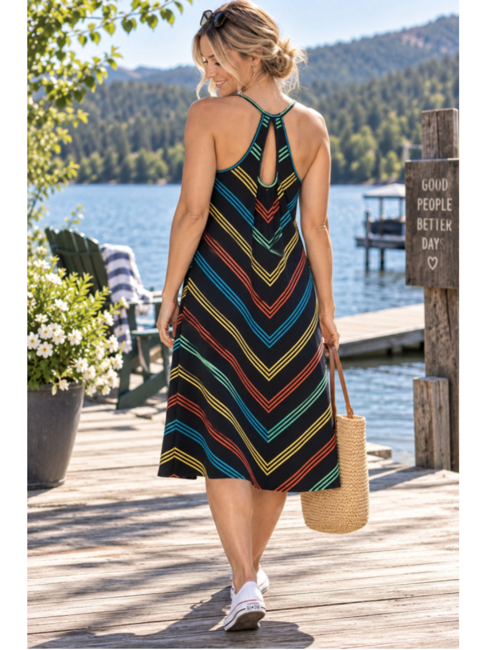 Patagonia Organic Cotton Tencel Striped Tank Dress Womens XL Keyhole Back
